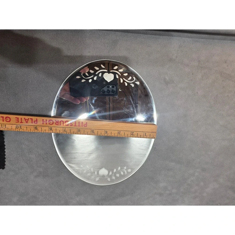 Oval Beveled Glass Mirror Tray Frosted Heart Floral Etched Vanity Plate 10x8